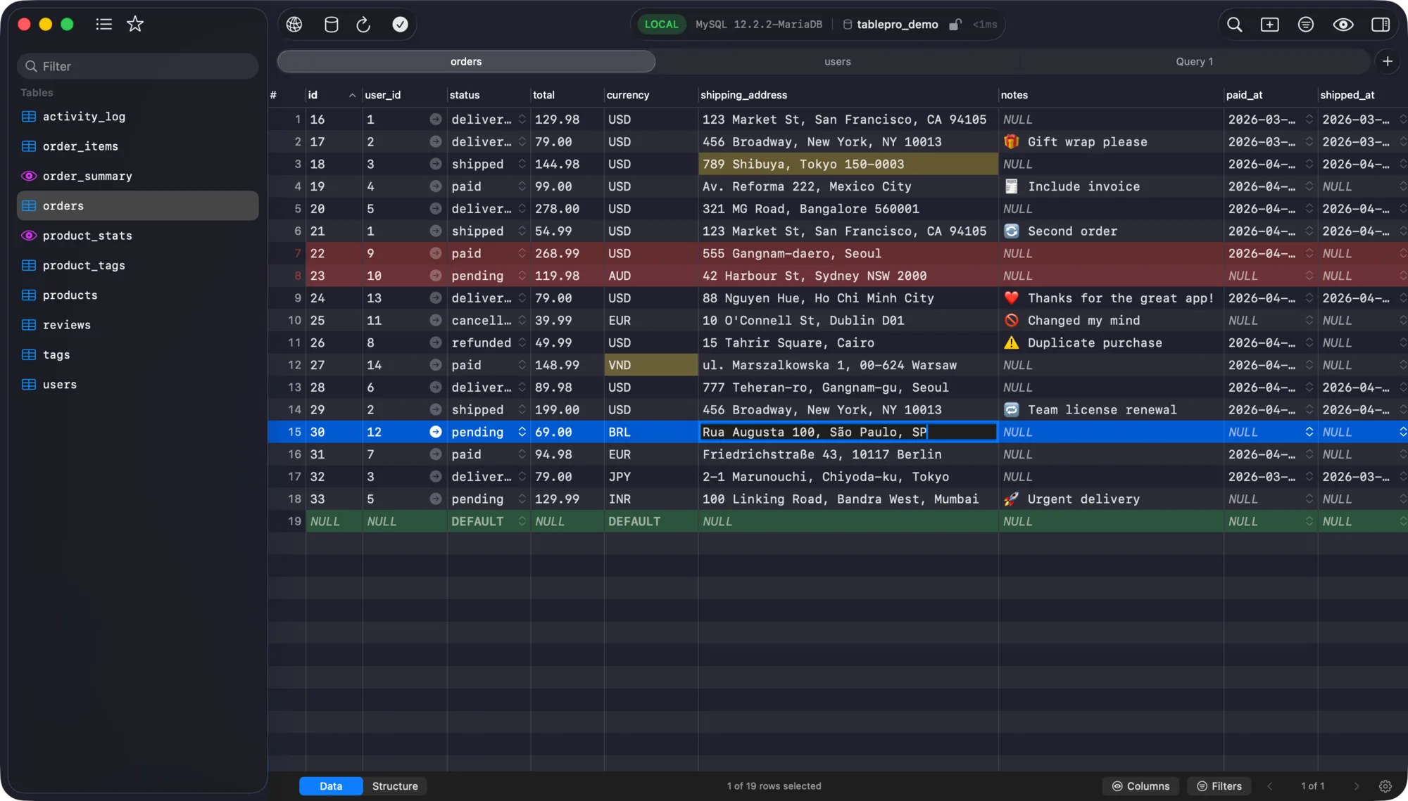 SchemaStudio in dark mode showing a table of orders in the data grid, with the table list in the sidebar and tabs along the top.