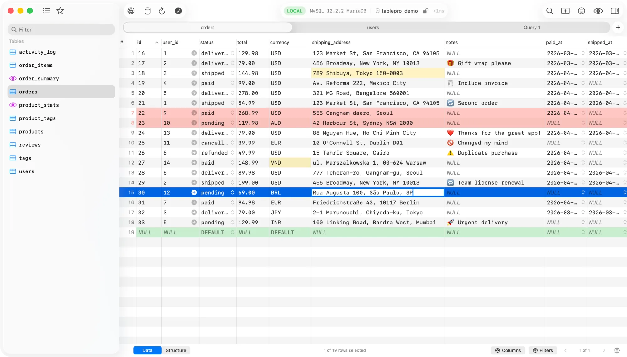 SchemaStudio showing a table of orders in the data grid, with the table list in the sidebar and tabs along the top.
