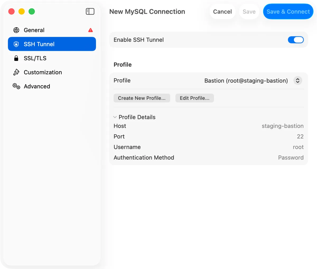New MySQL connection form on the SSH Tunnel tab, with a saved bastion profile selected.