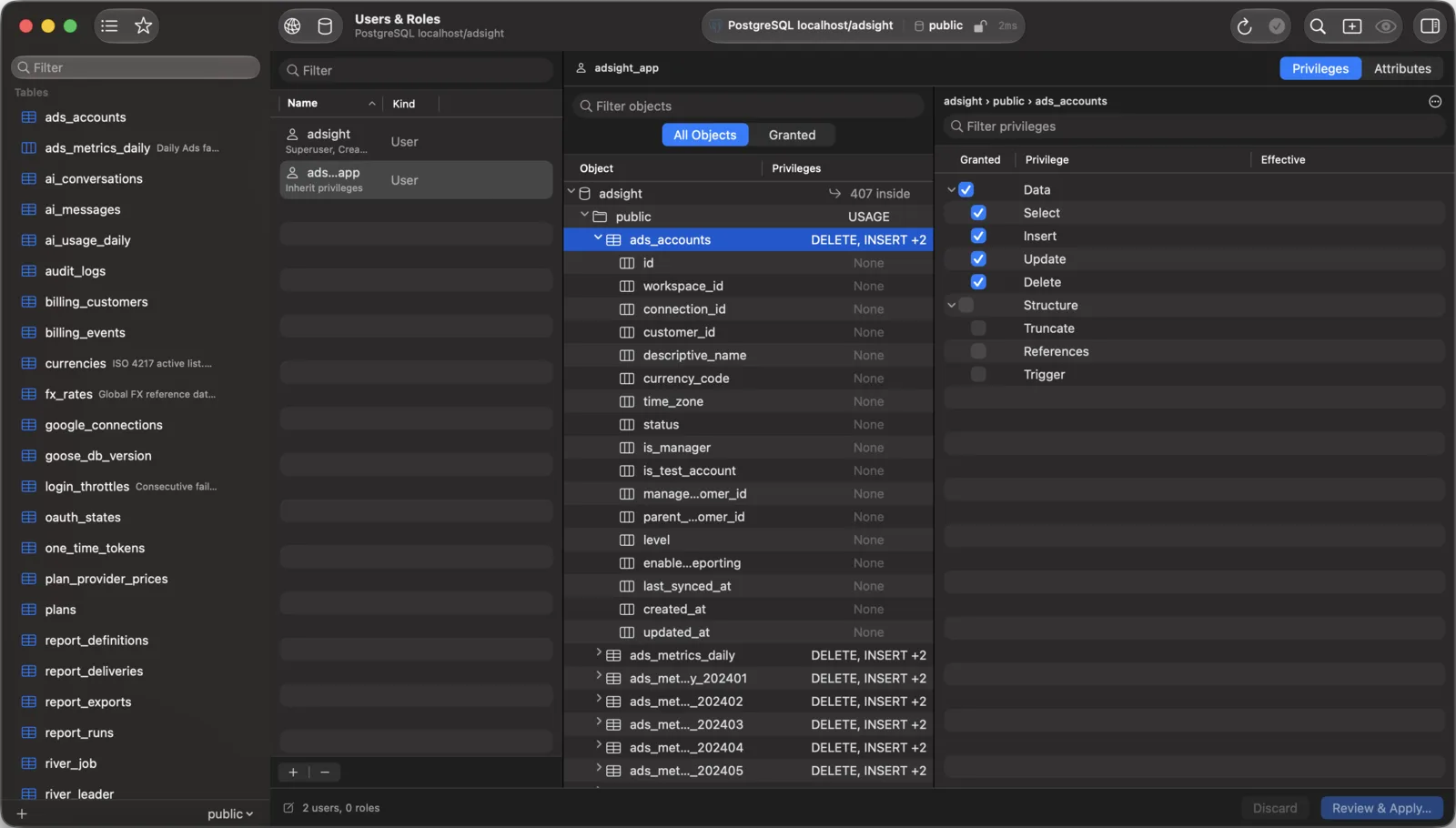 Dark mode Users and Roles tab with an account list on the left, an object tree in the middle and a privilege checklist on the right.