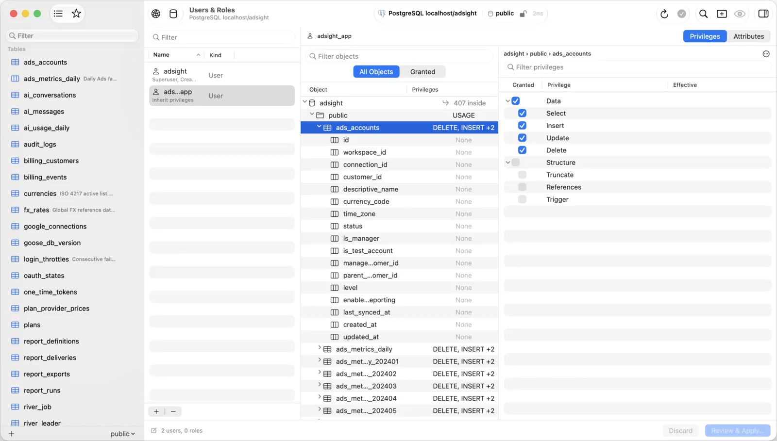 Users and Roles tab with an account list on the left, an object tree in the middle and a privilege checklist on the right.